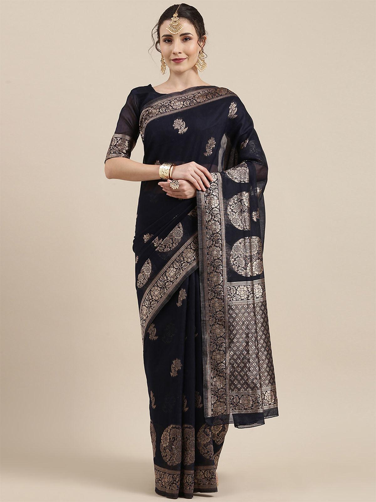 Women's Linen Navy Blue Woven Design Woven saree With Blouse Piece - Odette