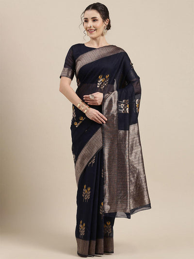 Women's Linen Navy Blue Woven Design Woven saree With Blouse Piece - Odette