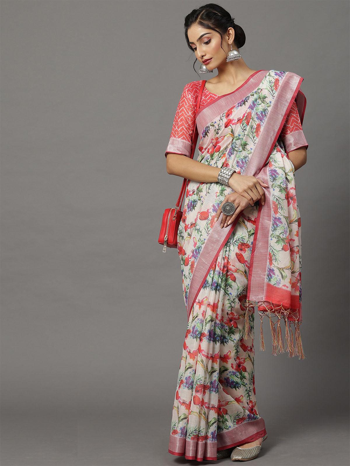 Women's Linen Off White Printed Designer Saree With Blouse Piece - Odette