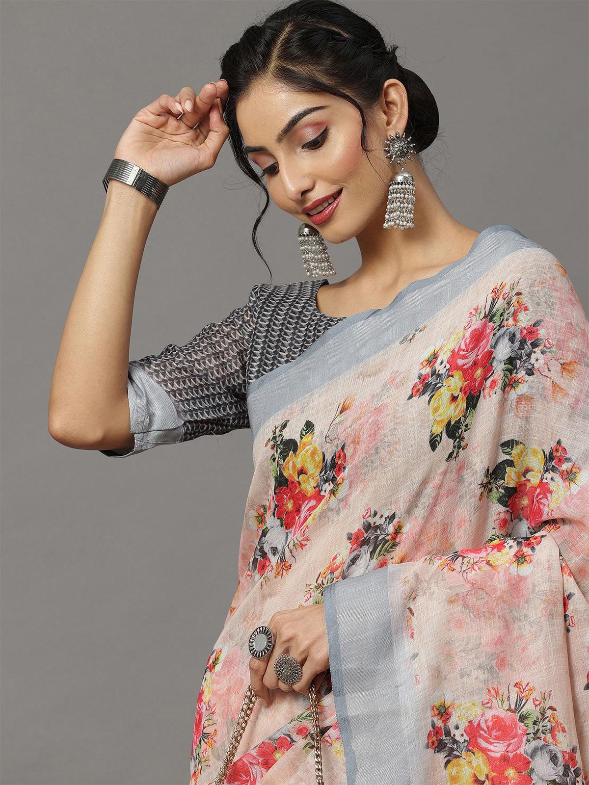 Women's Linen Peach Printed Designer Saree With Blouse Piece - Odette