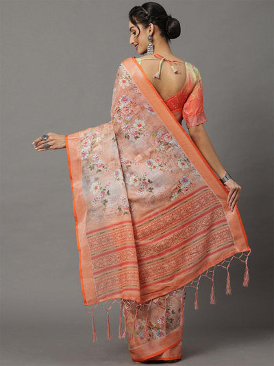 Women's Linen Peach Printed Designer Saree With Blouse Piece - Odette