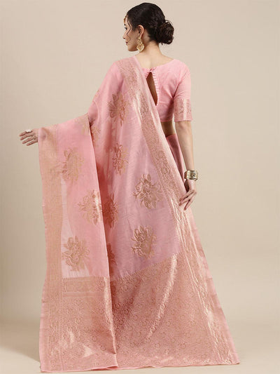 Women's Linen Pink Woven Design Woven saree With Blouse Piece - Odette