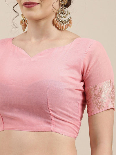 Women's Linen Pink Woven Design Woven saree With Blouse Piece - Odette
