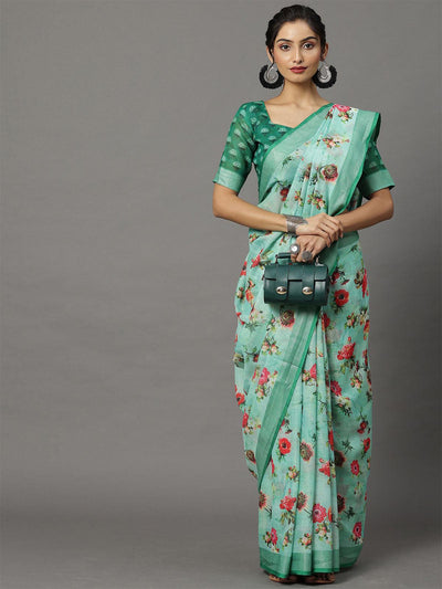 Women's Linen Sea Green Printed Designer Saree With Blouse Piece - Odette
