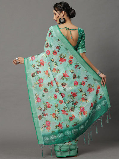 Women's Linen Sea Green Printed Designer Saree With Blouse Piece - Odette
