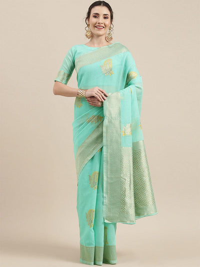 Women's Linen Sea Green Woven Design Woven saree With Blouse Piece - Odette