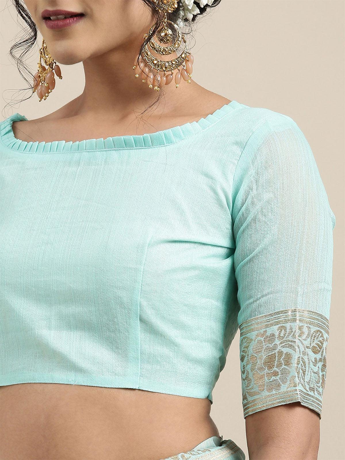 Women's Linen Sea Green Woven Design Woven saree With Blouse Piece - Odette