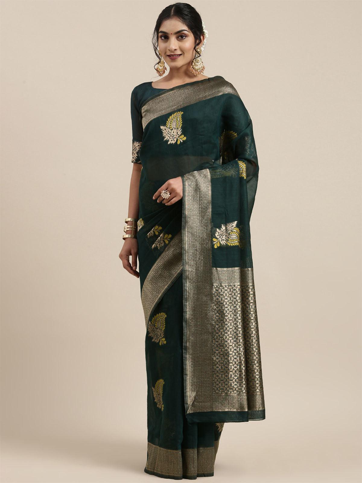 Women's Linen Teal green Woven Design Woven saree With Blouse Piece - Odette