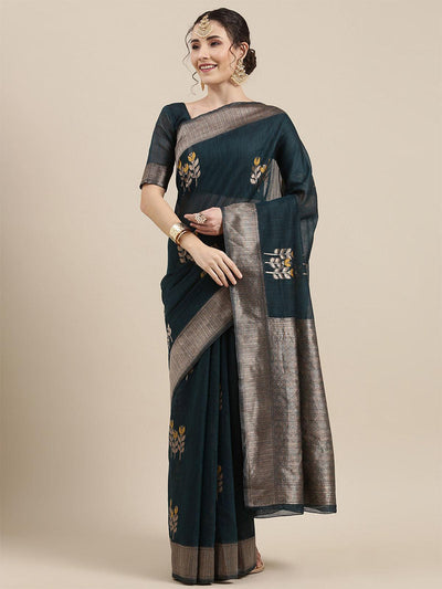 Women's Linen Teal green Woven Design Woven saree With Blouse Piece - Odette