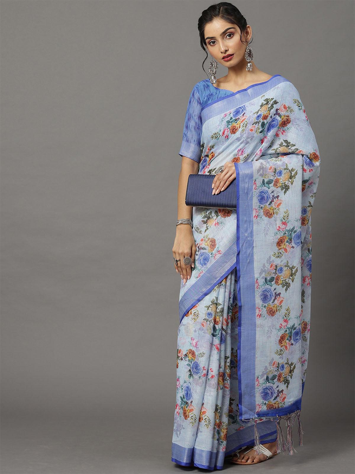 Women's Linen Turquoise Printed Designer Saree With Blouse Piece - Odette