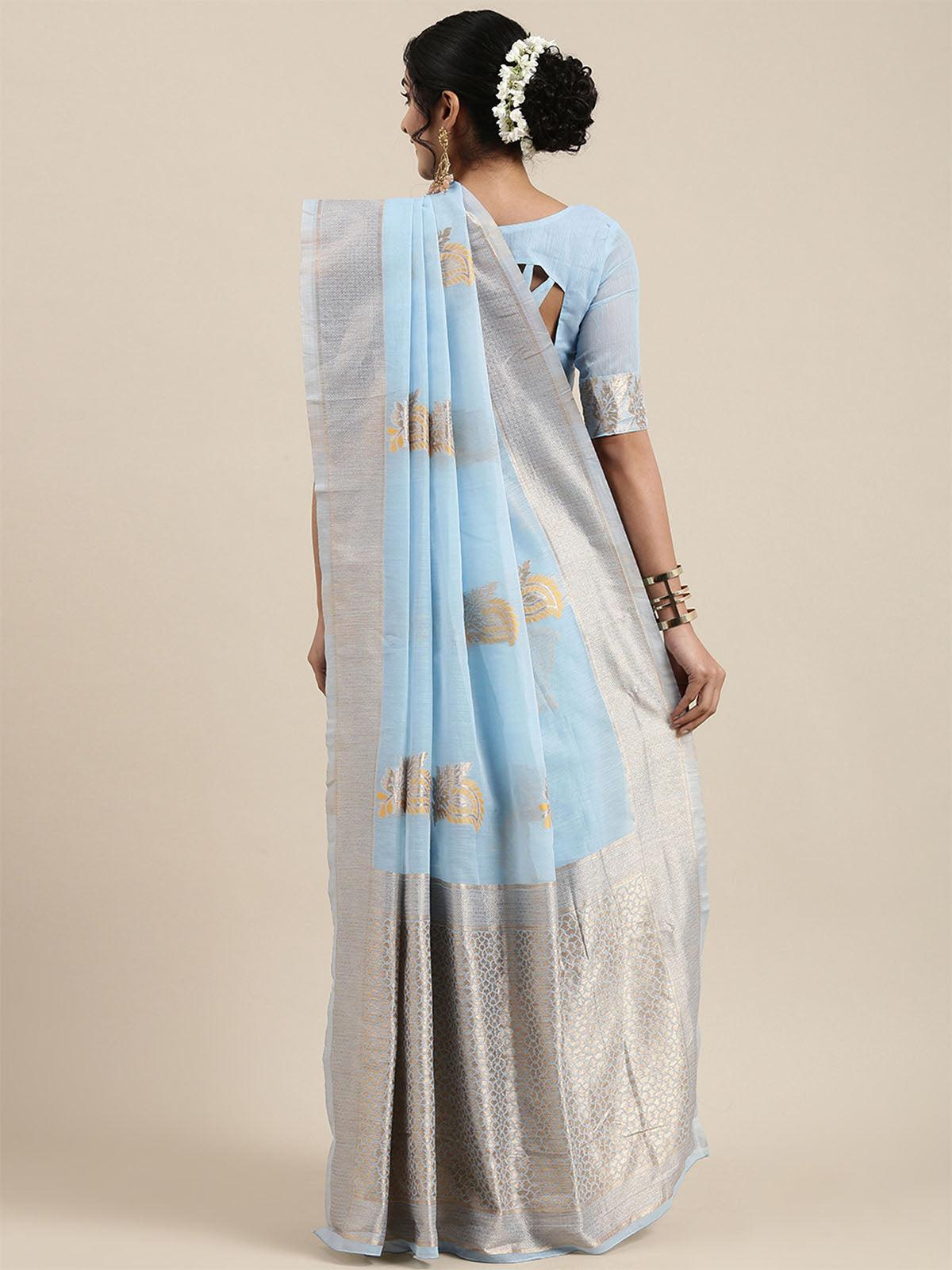 Women's Linen Turquoise Woven Design Woven saree With Blouse Piece - Odette