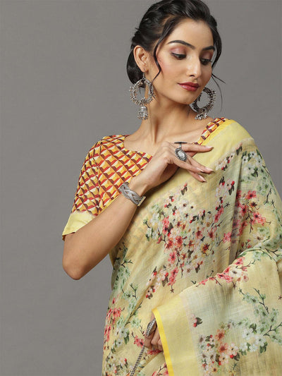 Women's Linen Yellow Printed Designer Saree With Blouse Piece - Odette