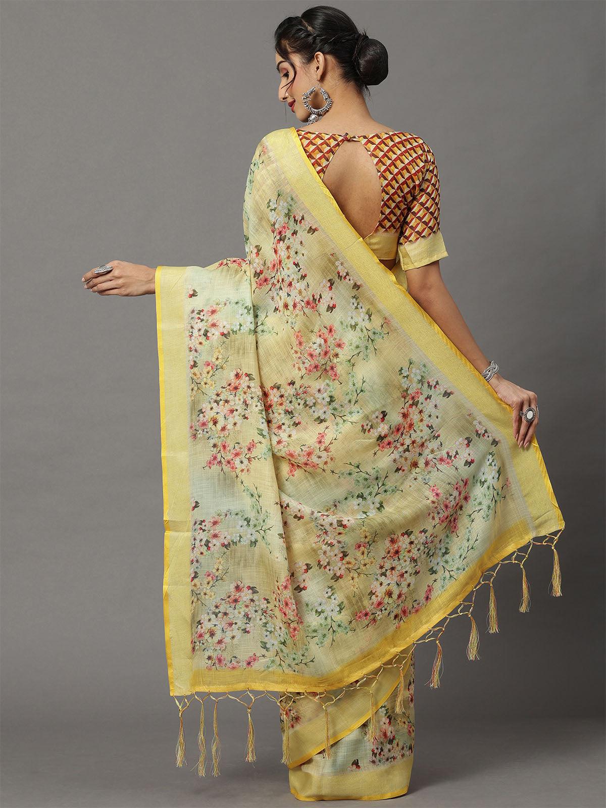 Women's Linen Yellow Printed Designer Saree With Blouse Piece - Odette