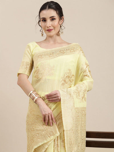 Women's Linen Yellow Woven Design Woven saree With Blouse Piece - Odette