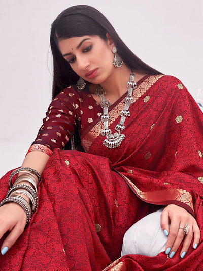 Women's Maroon Banarasi Silk Woven Design Saree With Blouse Piece - Odette