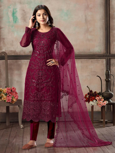 Women's Maroon Net Semi Stitched Salwar Suit - Odette