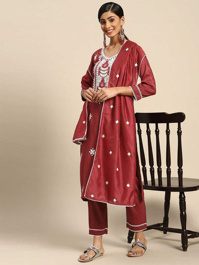 Women's Maroon Silk Blend Kurta With Cotton Dupatta - Odette