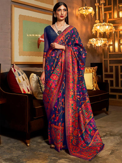 Women's Modal Navy Blue Floral Woven saree With Blouse Piece - Odette