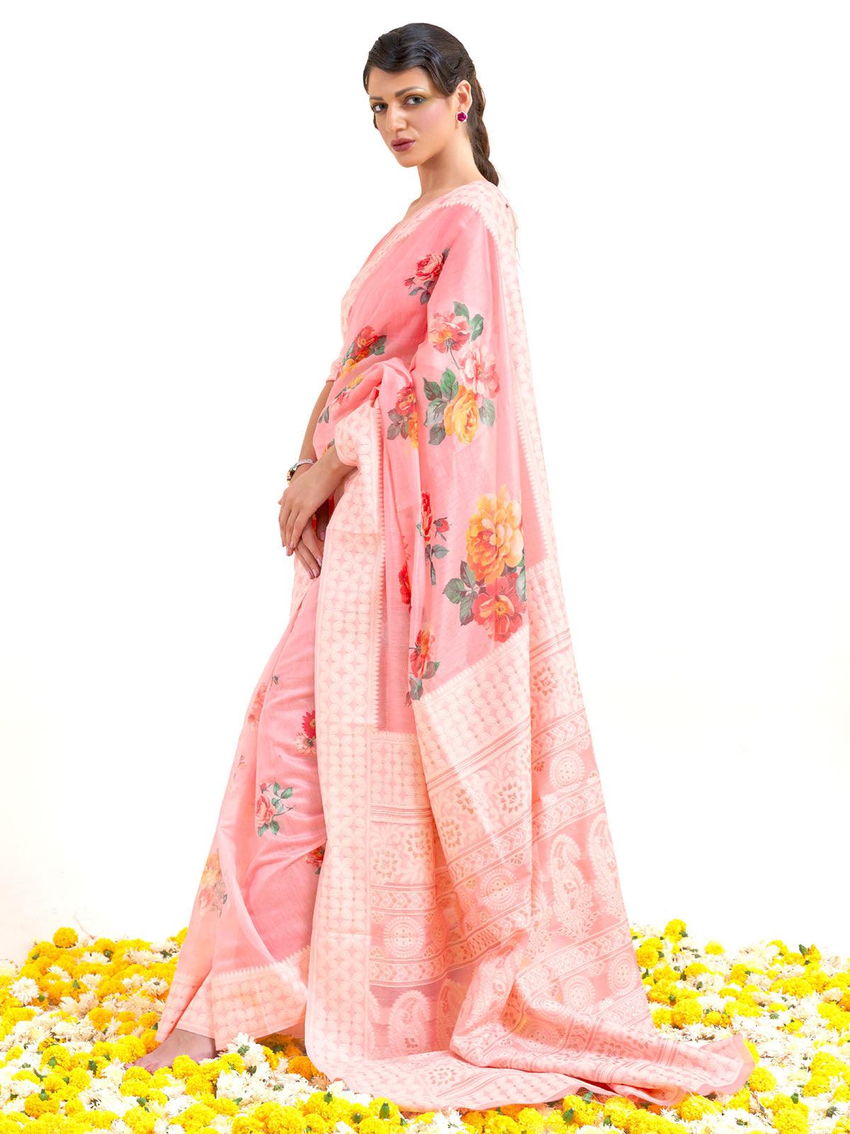 Women's Modal Pink Digital Print Designer Saree With Blouse Piece - Odette