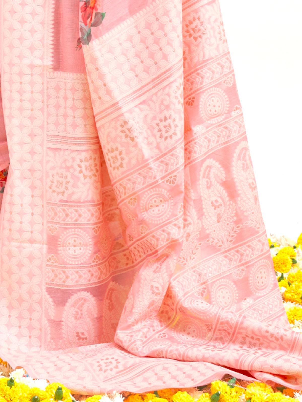 Women's Modal Pink Digital Print Designer Saree With Blouse Piece - Odette