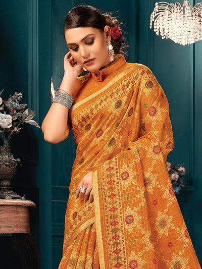 Women's Mustard Cotton Printed Saree With Blouse Piece - Odette
