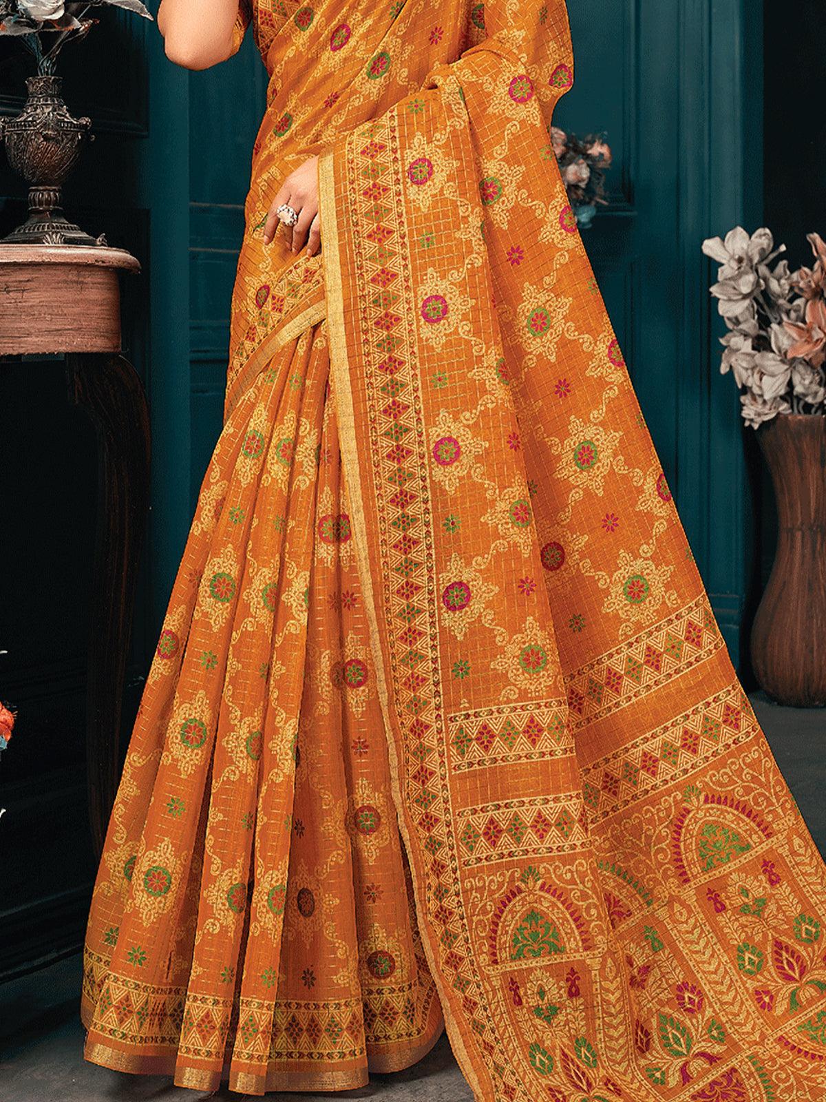 Women's Mustard Cotton Printed Saree With Blouse Piece - Odette