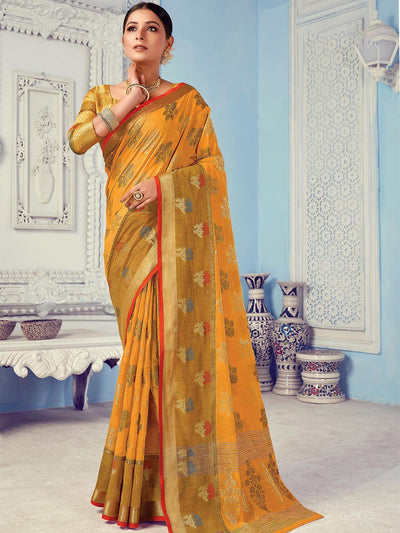 Women's Mustard Cotton Woven Design Saree With Blouse Piece - Odette