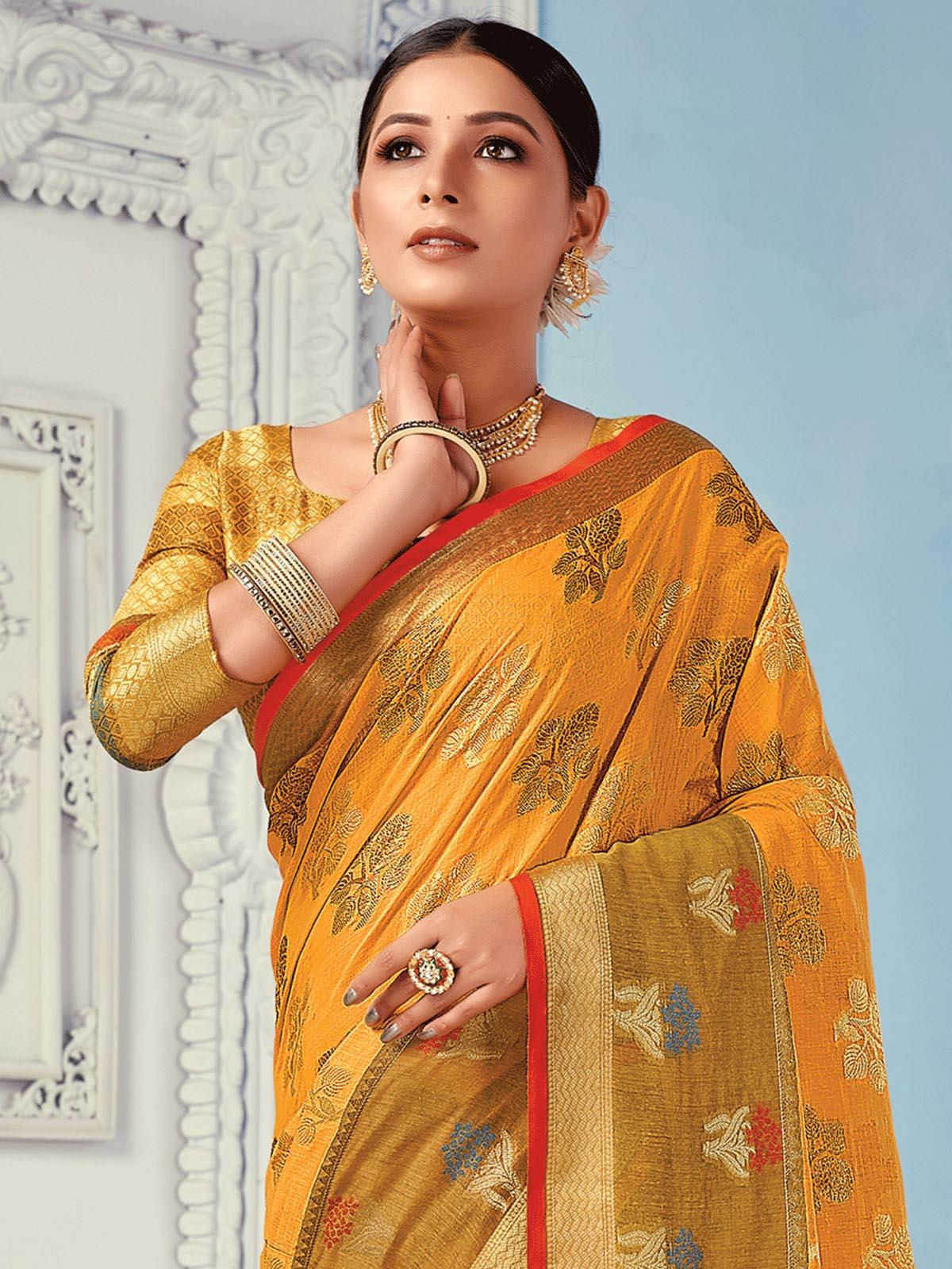 Women's Mustard Cotton Woven Design Saree With Blouse Piece - Odette