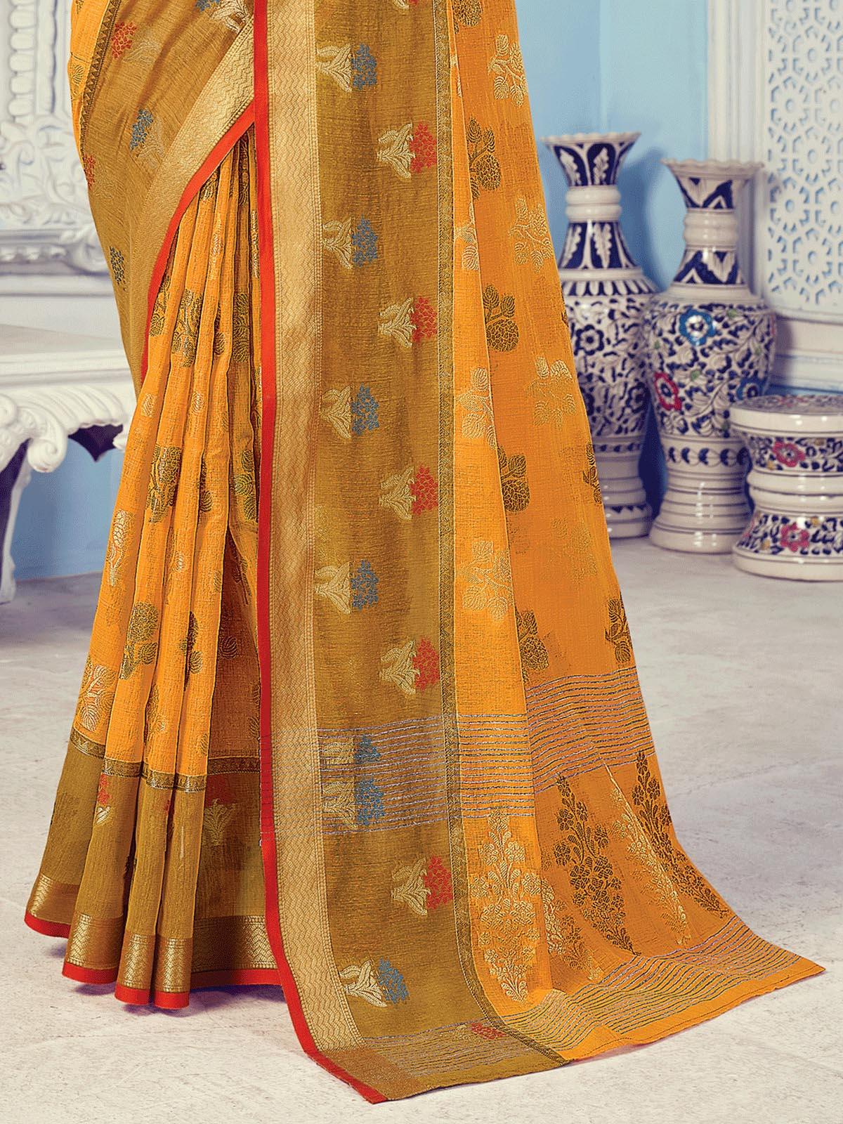 Women's Mustard Cotton Woven Design Saree With Blouse Piece - Odette