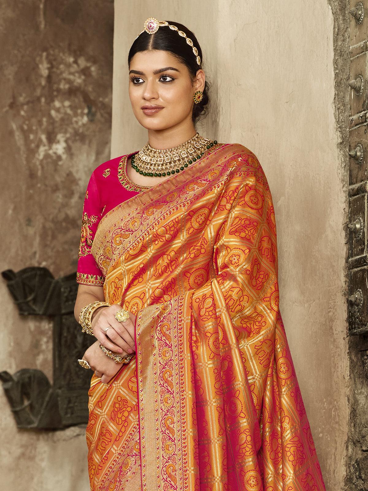 Women's Mustard Jacquard Woven Design Saree With Blouse Piece - Odette