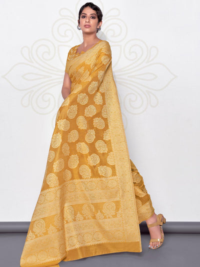 Women's Mustard Lucknowi Cotton Hand Weaving Work Saree With Blouse Piece - Odette