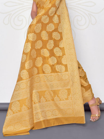 Women's Mustard Lucknowi Cotton Hand Weaving Work Saree With Blouse Piece - Odette