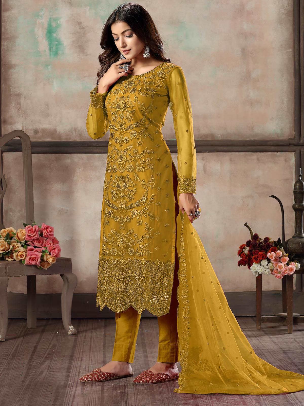 Women's Mustard Net Semi Stitched Salwar Suit - Odette