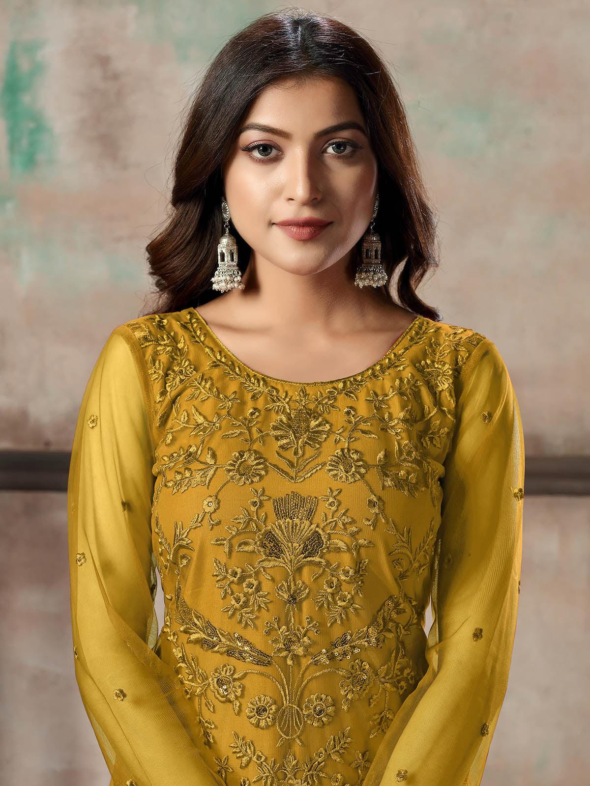 Women's Mustard Net Semi Stitched Salwar Suit - Odette