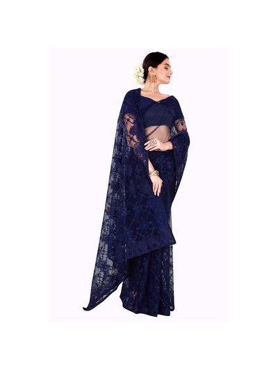 Women's Navy Blue Net Embroidered Saree With Blouse Piece - Odette