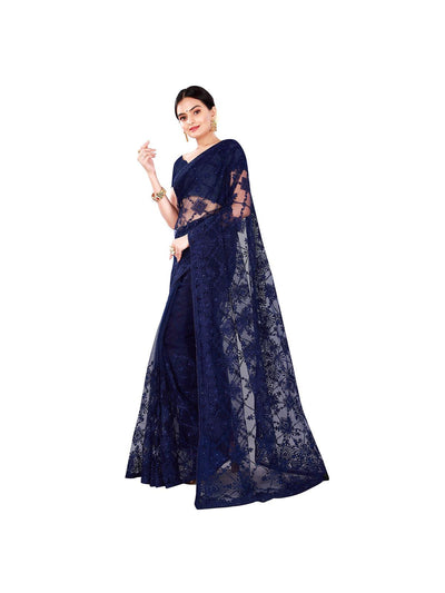Women's Navy Blue Net Embroidered Saree With Blouse Piece - Odette