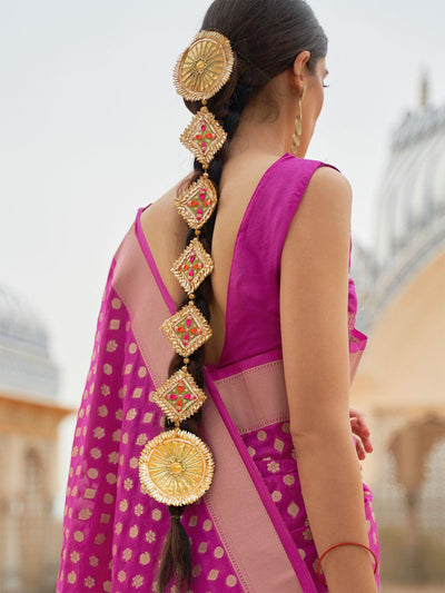 Women's Nylon Magenta Woven Design Handloom Saree With Blouse Piece - Odette