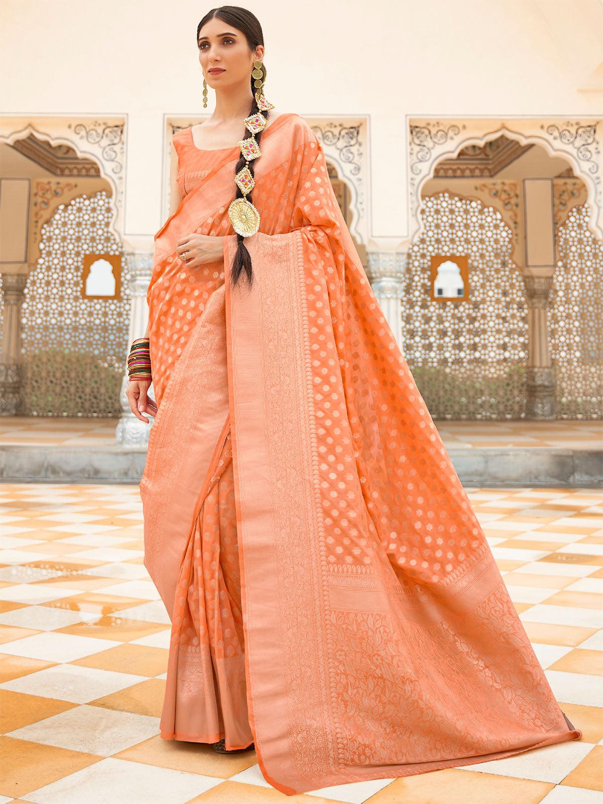 Women's Nylon Orange Woven Design Handloom Saree With Blouse Piece - Odette