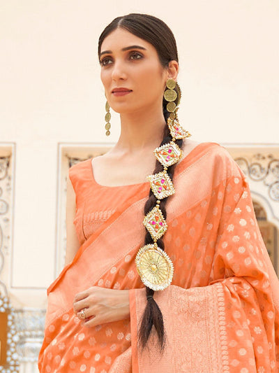 Women's Nylon Orange Woven Design Handloom Saree With Blouse Piece - Odette