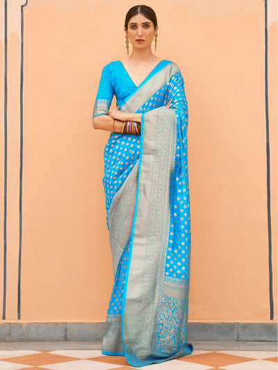 Women's Nylon Turquoise Woven Design Handloom Saree With Blouse Piece - Odette