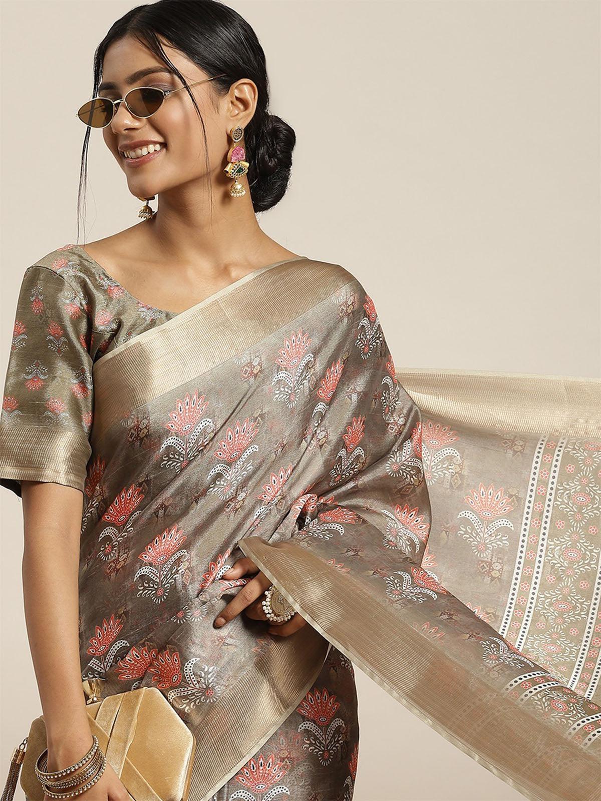Women's Olive Silk Blend Printed Saree With Blouse Piece - Odette