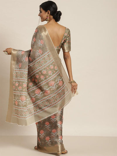 Women's Olive Silk Blend Printed Saree With Blouse Piece - Odette