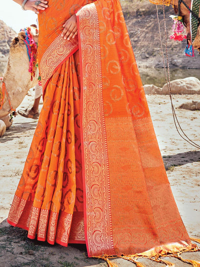 Women's Orange Banarasi Silk Woven Design Saree With Blouse Piece - Odette