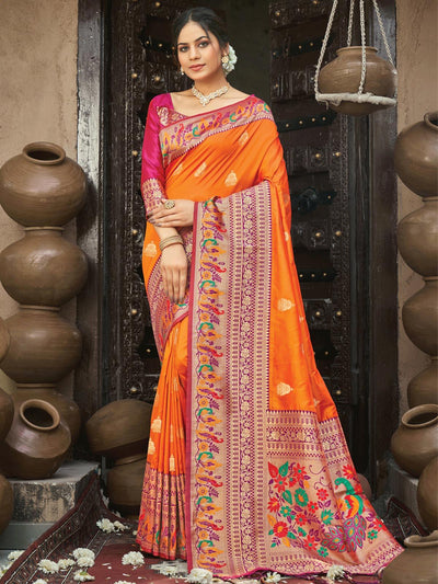 Women's Orange Paithani Silk Woven Design Saree With Blouse Piece - Odette