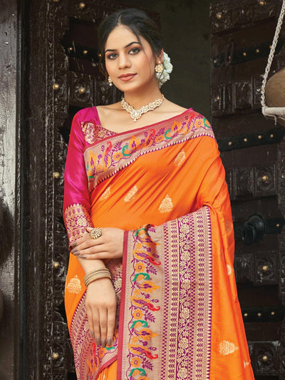 Women's Orange Paithani Silk Woven Design Saree With Blouse Piece - Odette