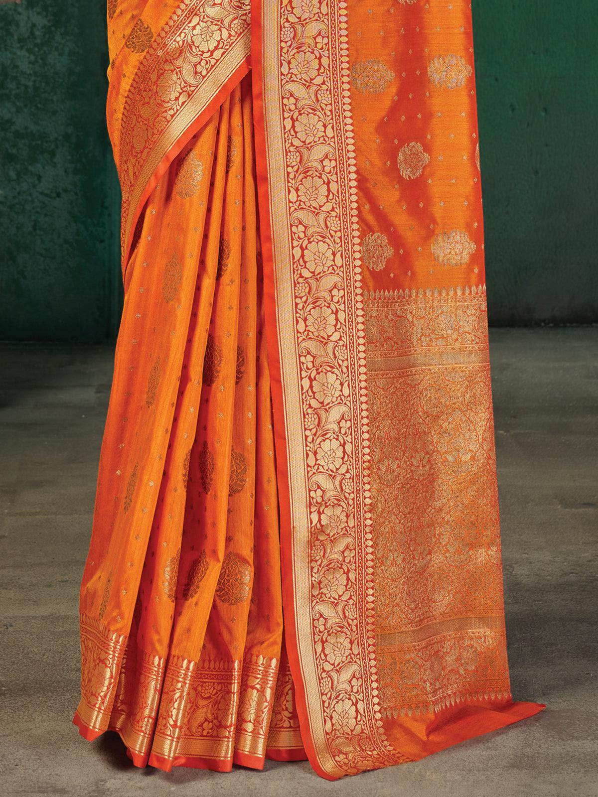 Women's Orange Silk Blend Woven Design Saree With Blouse Piece - Odette