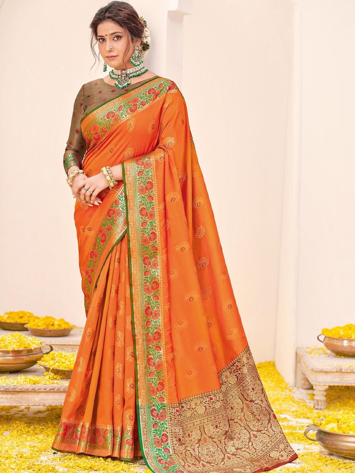 Women's Orange Silk Woven Design Saree With Blouse Piece - Odette