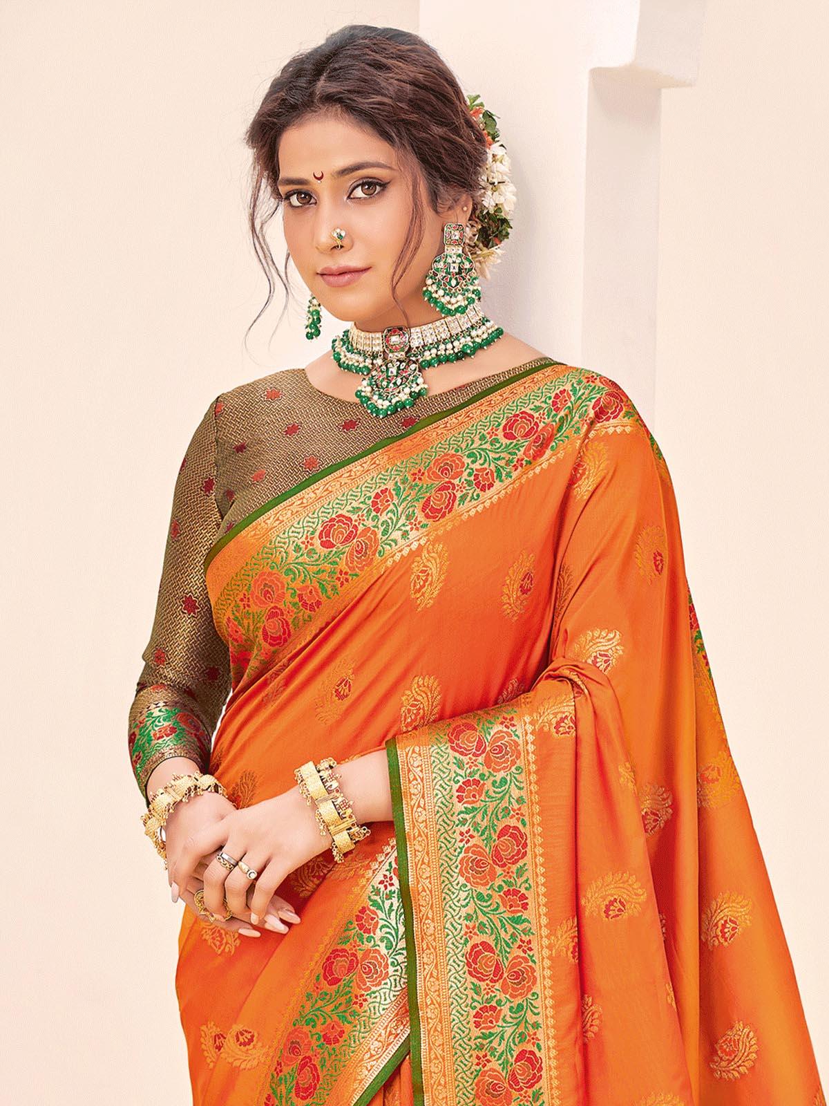 Women's Orange Silk Woven Design Saree With Blouse Piece - Odette