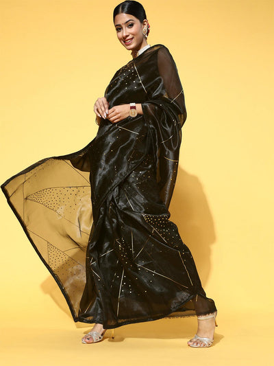 Women's Organza Black Printed Celebrity Saree With Blouse Piece - Odette