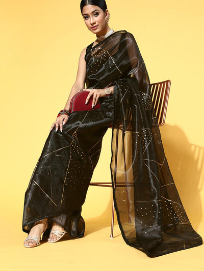 Women's Organza Black Printed Celebrity Saree With Blouse Piece - Odette